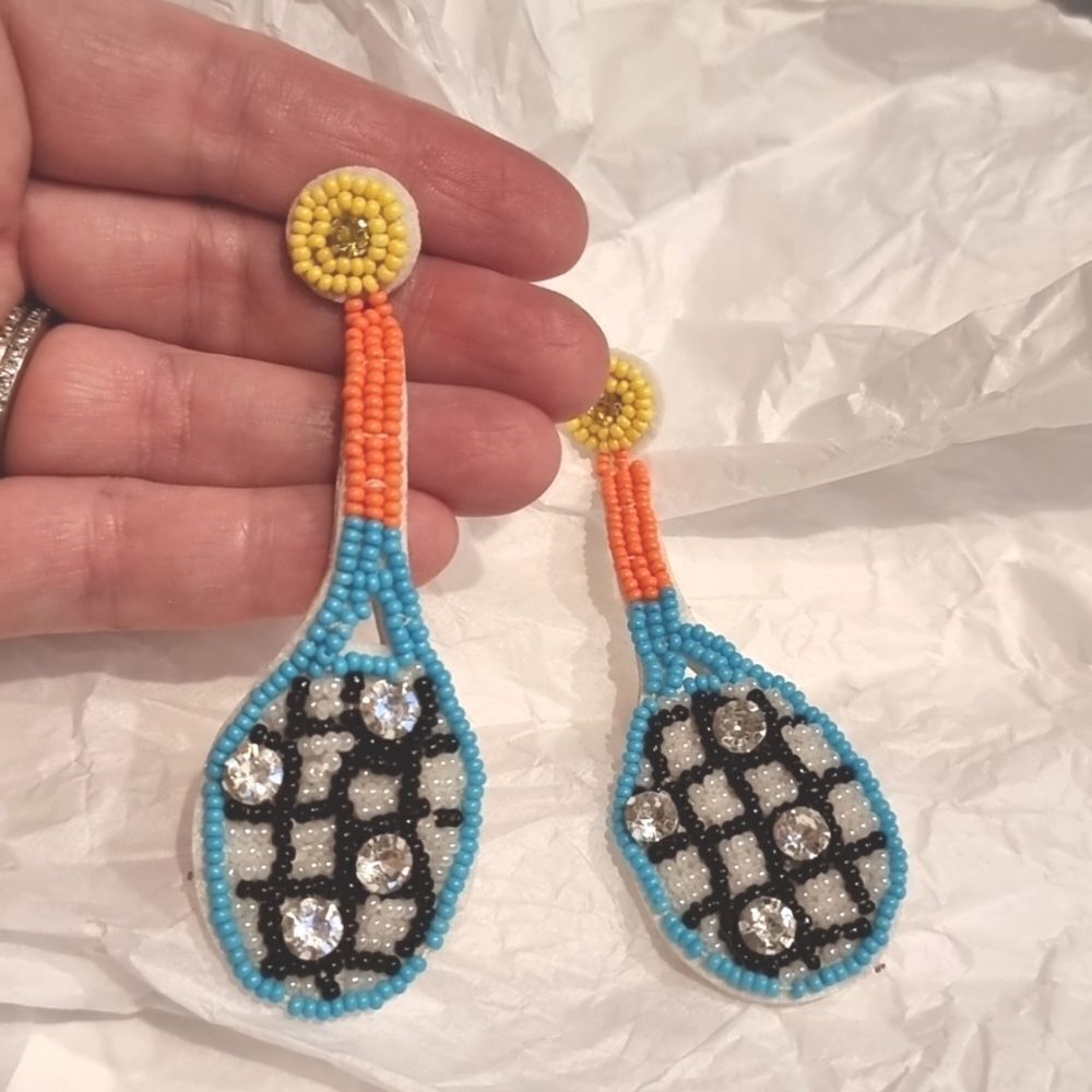 New Multicolor Beaded Tennis  Racket Rhinestone Earrings - Picture 6 of 8